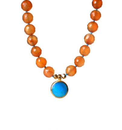 <P dir=ltr class=Body>Necklace of Carnelian with a round Amazonite drop wrapped in 24K Gold</P>