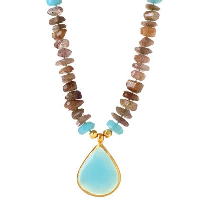 <P dir=ltr class=Body>One of a Kind Rutilated Quartz Necklace with big drop of Peruvian Chalcedony wrapped in 24k Gold</P>