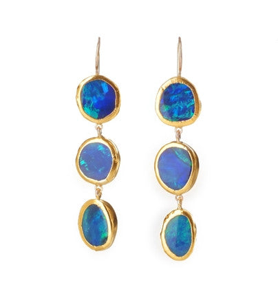 <P dir=ltr class=Body>Three stones Earrings of Bright Blue Opal wrapped in 24K Gold Approx width 0.5" Hang 2"</P>