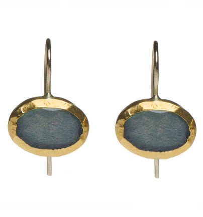 <P dir=ltr class=Body>Oval Labradorite Earrings wrapped in 24K Gold Hang 20mm Width 14mm</P>