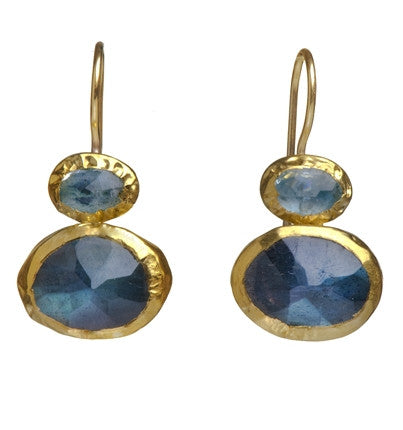 <P dir=ltr class=Body>Two-stone Aquamarine and Labradorite Earrings wrapped in 24K Gold Hang 27mm Width 12mm</P>