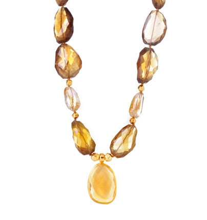 <P dir=ltr class=Body>Long Smoky Topaz Nuggets Necklace with a large Cognac Quartz drop wrapped in 24K Gold</P>