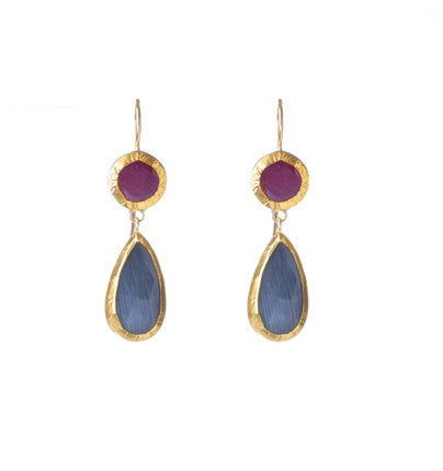 <P dir=ltr class=Body>Two stone earrings of round Ruby (Corundum) and a drop of Gray Agat wrapped in 24K Gold Hang 38mm Width 10mm</P>