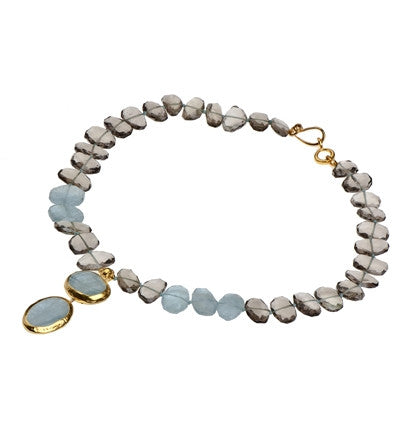 <P dir=ltr class=Body>&nbsp;Aquamarine and Smoky Topaz necklace with two Aquamarine drops wrapped in 24K Gold 18" Long. Size of drop may vary.</P>