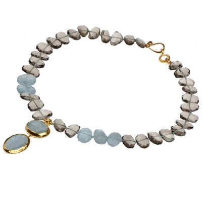 <P dir=ltr class=Body>&nbsp;Aquamarine and Smoky Topaz necklace with two Aquamarine drops wrapped in 24K Gold 18" Long. Size of drop may vary.</P>