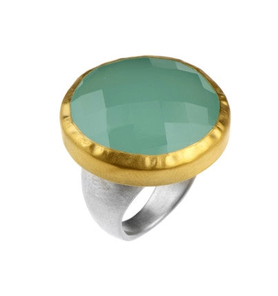 <P dir=ltr class=Body>Round Faceted Peruvian Chalcedony Ring wrapped in 24K Gold with Sterling Silver Band 25mm x 25mm Available any Size! </P>