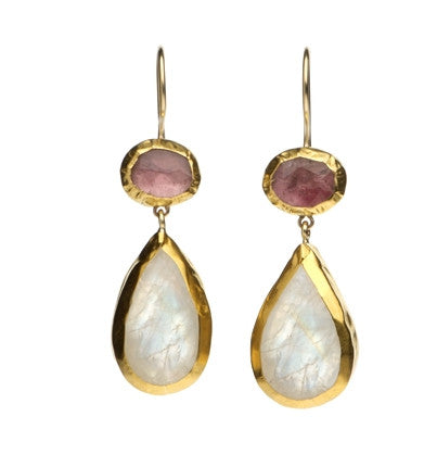 <P dir=ltr class=Body>Two stone earrings of oval Pink Tourmaline and a drop of Moonstone wrapped in 24K Gold Hang 42mm Width 13mm</P>