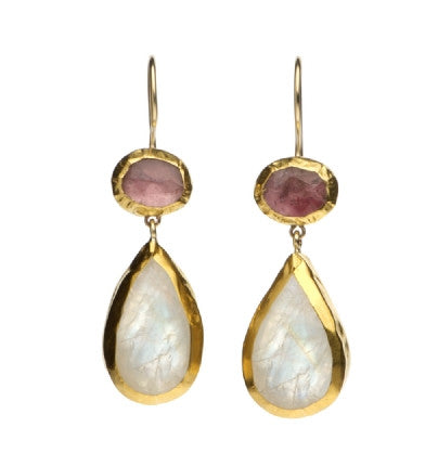 <P dir=ltr class=Body>Two stone earrings of oval Pink Tourmaline and a drop of Moonstone wrapped in 24K Gold Hang 42mm Width 13mm</P>