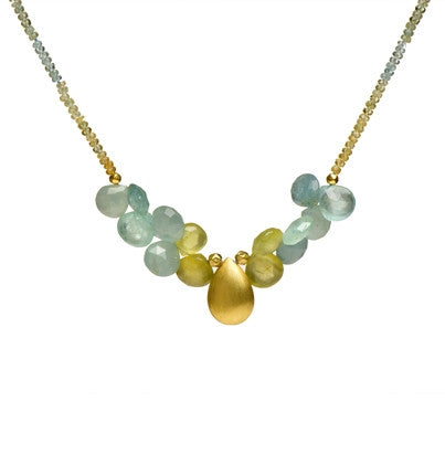 <P dir=ltr class=Body>Multi Color Aquamarine&nbsp;Necklace with one Big 22k Solid Gold drop 18" Long</P>