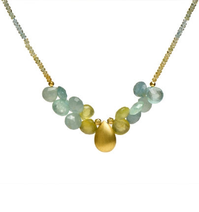 <P dir=ltr class=Body>Multi Color Aquamarine&nbsp;Necklace with one Big 22k Solid Gold drop 18" Long</P>