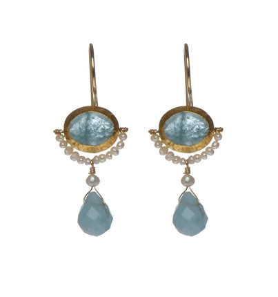 <P dir=ltr class=Body>Oval Aquamarine Earrings wrapped in 24K Gold with tiny Freshwater Pearls underneath and a drop of Aquamarine Hang 36mm X Width 16mm</P>