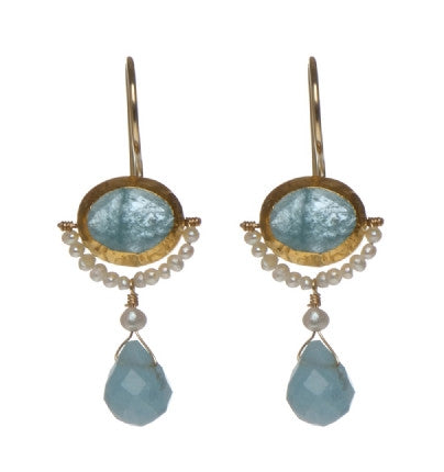 <P dir=ltr class=Body>Oval Aquamarine Earrings wrapped in 24K Gold with tiny Freshwater Pearls underneath and a drop of Aquamarine Hang 36mm X Width 16mm</P>