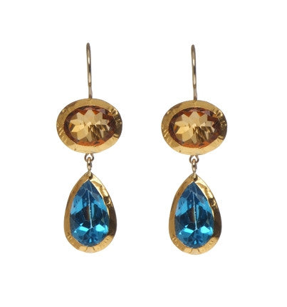 <P dir=ltr class=Body>Two stone Earrings of Oval Citrine and a Blue Topaz Teardrop all wrapped in 24K Gold Hang 40mm X Width 12mm</P>