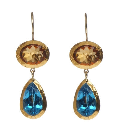 <P dir=ltr class=Body>Two stone Earrings of Oval Citrine and a Blue Topaz Teardrop all wrapped in 24K Gold Hang 40mm X Width 12mm</P>