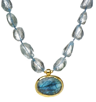 <P dir=ltr class=Body>Giant Blue Quartz nuggets with Large Oval Labradorite drop wrapped with 24K Gold 20" Long or upon request Labradorite drop may vary in shape and size </P>