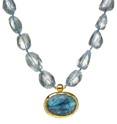 <P dir=ltr class=Body>Giant Blue Quartz nuggets with Large Oval Labradorite drop wrapped with 24K Gold 20" Long or upon request Labradorite drop may vary in shape and size </P>