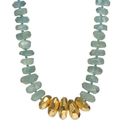 <P dir=ltr class=Body>Necklace of Large uneven Faceted Aquamarines with five Large stones wrapped with 24K Gold 18" Long or upon request</P>