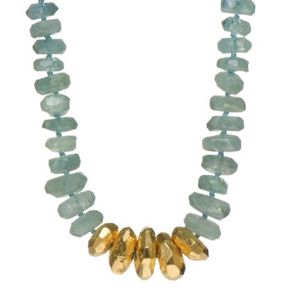 <P dir=ltr class=Body>Necklace of Large uneven Faceted Aquamarines with five Large stones wrapped with 24K Gold 18" Long or upon request</P>