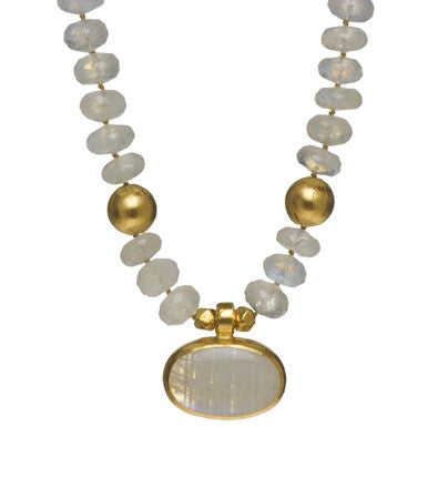 <P dir=ltr class=Body>Moonstone rondelle necklace with a Large Oval Moonstone drop and 2 round stones, all wrapped with 24K Gold 19" Long or upon request</P>