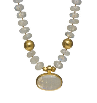 <P dir=ltr class=Body>Moonstone rondelle necklace with a Large Oval Moonstone drop and 2 round stones, all wrapped with 24K Gold 19" Long or upon request</P>