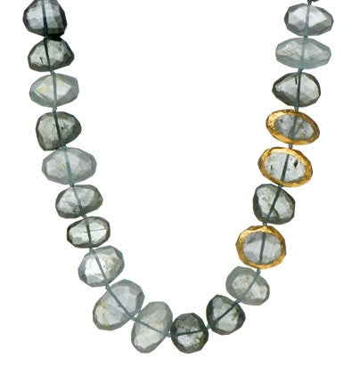 <P dir=ltr class=Body>Aquamarine and Moss Aquamarine Necklace with three stones wrapped with 24K Gold 19" Long or upon request</P>