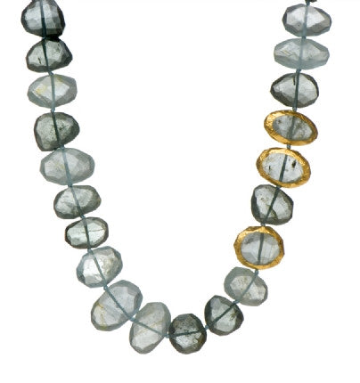 <P dir=ltr class=Body>Aquamarine and Moss Aquamarine Necklace with three stones wrapped with 24K Gold 19" Long or upon request</P>