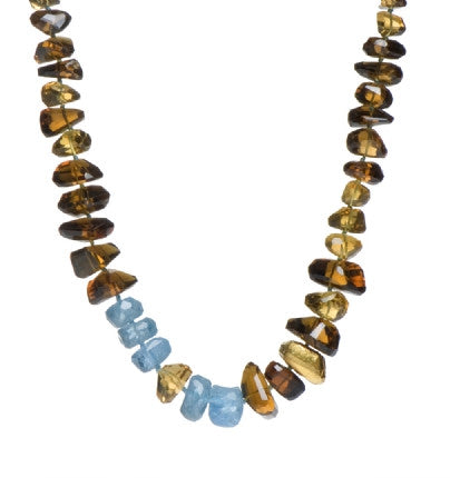 <P dir=ltr class=Body>Necklace of Cognac Quartz, Smoky Topaz and Aquamarine with one stone wrapped in 24K Gold 18" Long or upon request</P>