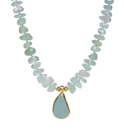 <P dir=ltr class=Body>A One of a KIND - Aquamarine Necklace with a free shape Aquamarine center wrapped with 24K Gold 18" Long or upon request Aquamarine center may vary in shape and size</P>