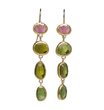 <P dir=ltr class=Body>Long Earrings of Four Green and Pink Tourmaline gemstones wrapped with 24k gold Hang 60mm Width 11mm Tourmalines may Vary in Shape, Size and Color</P>