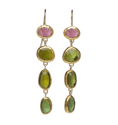 <P dir=ltr class=Body>Long Earrings of Four Green and Pink Tourmaline gemstones wrapped with 24k gold Hang 60mm Width 11mm Tourmalines may Vary in Shape, Size and Color</P>