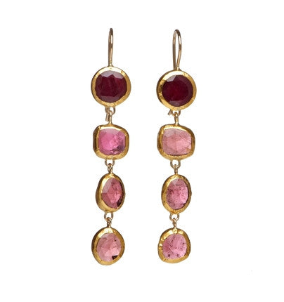 <P dir=ltr class=Body>Long Earrings of Round Ruby (Corundum)&nbsp;with three Pink Tourmalines all wrapped with 24k gold Hang 60mm Width 10mm Tourmalines may vary in Shape, Size and Color</P>