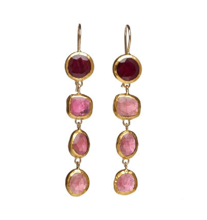 <P dir=ltr class=Body>Long Earrings of Round Ruby (Corundum)&nbsp;with three Pink Tourmalines all wrapped with 24k gold Hang 60mm Width 10mm Tourmalines may vary in Shape, Size and Color</P>