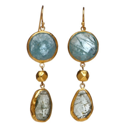 <SPAN style="COLOR: #644f21">Long Earrings of two Large Aquamarines wrapped with 24K Gold and an 18k Gold ball  <P dir=ltr class=Body>Hang 65mm Width 16mm Bottom Aquamarine drop may vary in shape and size</P>