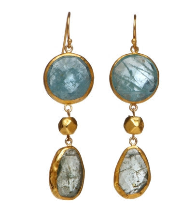 <SPAN style="COLOR: #644f21">Long Earrings of two Large Aquamarines wrapped with 24K Gold and an 18k Gold ball  <P dir=ltr class=Body>Hang 65mm Width 16mm Bottom Aquamarine drop may vary in shape and size</P>