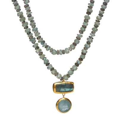 <P dir=ltr class=Body>Two strand Necklace of Aquamarine and Labradorite with Double drops of rectangular Labradorite and round Aquamarine, both wrapped with 24K Gold 19" Long or upon request</P>