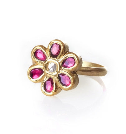 <P class=Body dir=ltr>Beautiful Flower-shaped 18K solid Gold ring with Pink Tourmalines and a rose cut Diamond Available size 5, 5.5 and 6 Only!</P>