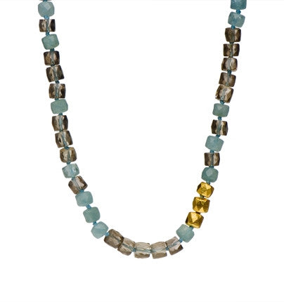 <P dir=ltr class=Body>Necklace of Aquamarine and Smoky Topaz with three stones wrapped in 24K Gold 18" Long or upon request</P>