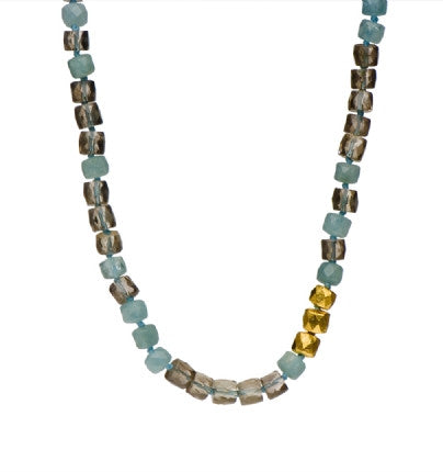 <P dir=ltr class=Body>Necklace of Aquamarine and Smoky Topaz with three stones wrapped in 24K Gold 18" Long or upon request</P>