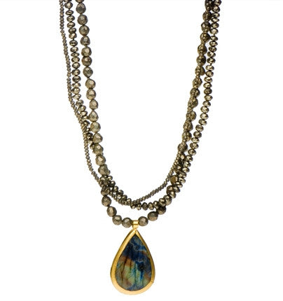 <P dir=ltr class=Body>Multi strand Necklace of Pyrites with a Large drop of Labradorite wrapped in 24K Gold 17.5" Long or upon request</P>