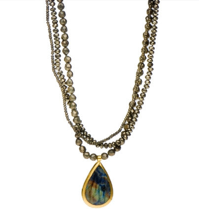 <P dir=ltr class=Body>Multi strand Necklace of Pyrites with a Large drop of Labradorite wrapped in 24K Gold 17.5" Long or upon request</P>