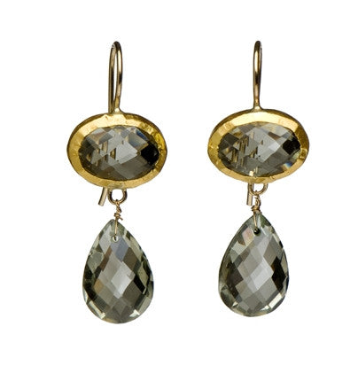 <P dir=ltr class=Body>Green Amethyst Double stone Earrings wrapped with 24K Gold Hang 38mm Width 14mm</P>