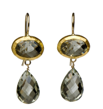 <P dir=ltr class=Body>Green Amethyst Double stone Earrings wrapped with 24K Gold Hang 38mm Width 14mm</P>