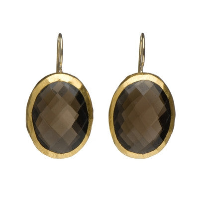 <P class=Body dir=ltr>Oval gold&nbsp;Giant Smoky Topaz Earrings wrapped with 24K Gold Hang 36mm Width 12mm </P>