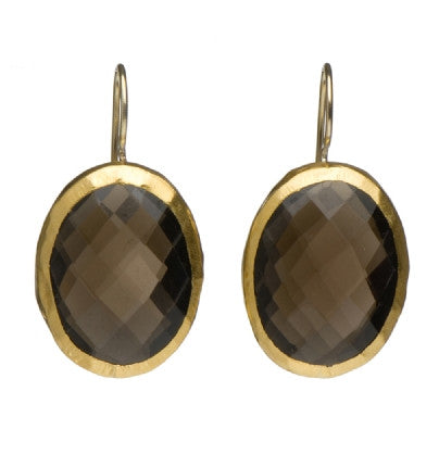 <P class=Body dir=ltr>Oval gold&nbsp;Giant Smoky Topaz Earrings wrapped with 24K Gold Hang 36mm Width 12mm </P>