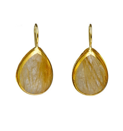 <P dir=ltr class=Body>Large gold Pear shaped Ruthilated Quartz Earrings wrapped with 24k gold Hang 30mm Width 15mm</P>