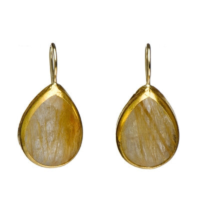 <P dir=ltr class=Body>Large gold Pear shaped Ruthilated Quartz Earrings wrapped with 24k gold Hang 30mm Width 15mm</P>