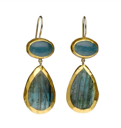 <P>Two stone Earrings of Oval Aqua and a large drop of Labradorite all wrapped in 24K Gold Hang 50mm Width 16mm</P>