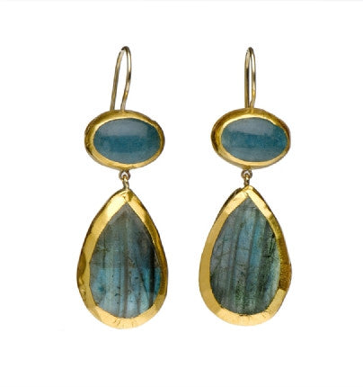 <P>Two stone Earrings of Oval Aqua and a large drop of Labradorite all wrapped in 24K Gold Hang 50mm Width 16mm</P>