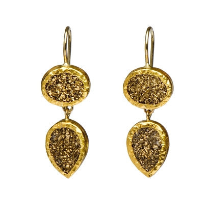 <P dir=ltr class=Body>Small Double stone Pyrite earrings wrapped with 24k gold Hang 37mm Width 11mm</P>