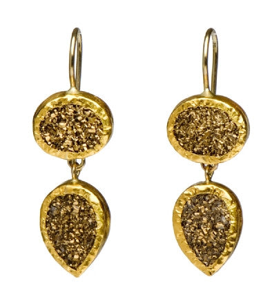 <P dir=ltr class=Body>Small Double stone Pyrite earrings wrapped with 24k gold Hang 37mm Width 11mm</P>